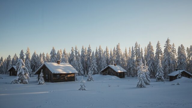 Snow-covered cabins in a forest landscape during winter. Rustic buildings amidst tall pine trees and pristine snow under a clear sky.