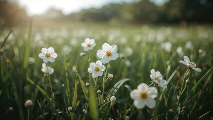 Wildflowers in a grassy field during sunset, showcasing natural beauty and serenity. Nature and floral scene. The concept of wilderness and blooming flowers.