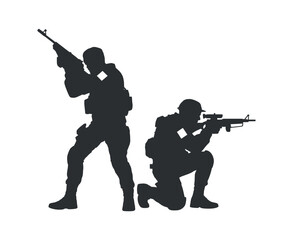 Illustration of Soldiers in Combat Silhouettes with Rifles Aiming Vector Image in Dark Gray