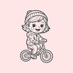 Girl riding bicycle cartoon line art vector illustration with winter hat isolated on pink background schoolkid biking happy minimal design 180c