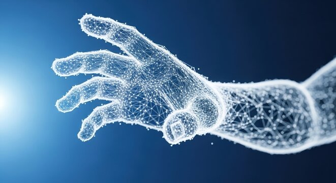 A digital wireframe hand made of a glowing plexus network reaches out symbolizing the connection between humanity and artificial intelligence technology in a futuristic virtual world