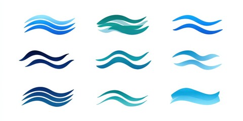 Obraz premium Set of nine abstract blue wave icons on white background