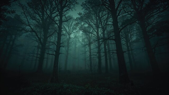 Dark forest scene with tall trees and mist, creating an eerie and mysterious atmosphere.