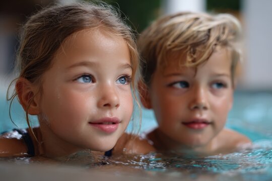 Young caucasian children swimming and smiling in pool - Powered by Adobe