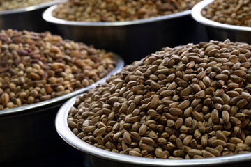 Organic Antep Pistachios Displayed at Local Market. Pile of Pistachio Nuts at Farmers Market. Traditional Market Stall Selling Pistachios.