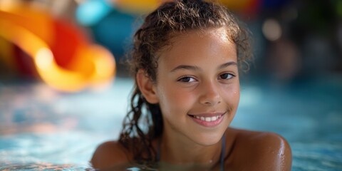 Smiling hispanic female child enjoying pool day with bright bokeh background