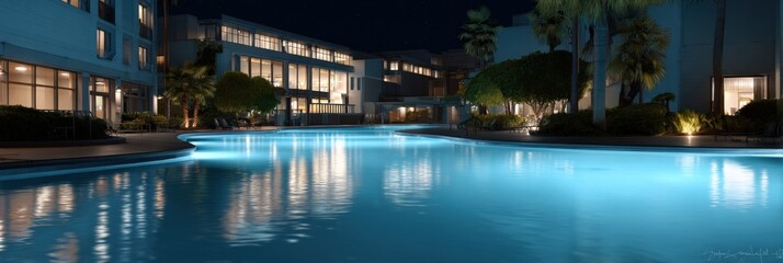 Fototapeta premium Serene nighttime view of illuminated pool and modern building exterior