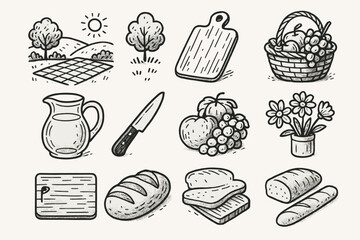 Bread country knife jug basket vector board icon water fruit view picnic
