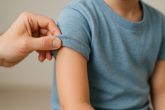 Measles vaccine + childhood immunization caregiver rolling sleeve on child arm preparing for injection