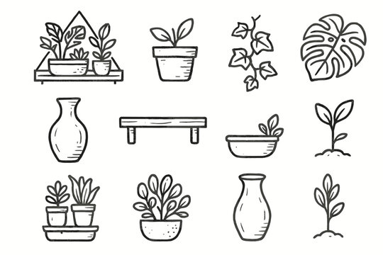 Icon ceramic plant icons greenery vector flower setup vase leaf monstera indoor