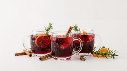 Three glasses of warm spiced tea with cinnamon sticks, orange slices, and sprigs of rosemary, served on a white background.