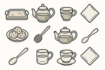 Vector icon spoon icons setup napkin glass tray cookie plate tea teapot