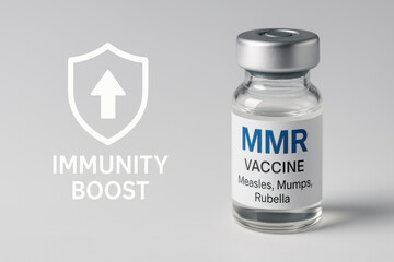 MMR vaccine vial on gray background immunity boost with childhood immunization support measles + childhood immunization message in healthcare promotion