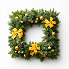 Christmas pine wreath with bows and baubles. Square fir wreath is decorated with Christmas baubles, isolated on white background