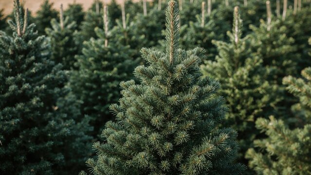 Evergreen Christmas Tree among other pine trees in a nursery or forest
