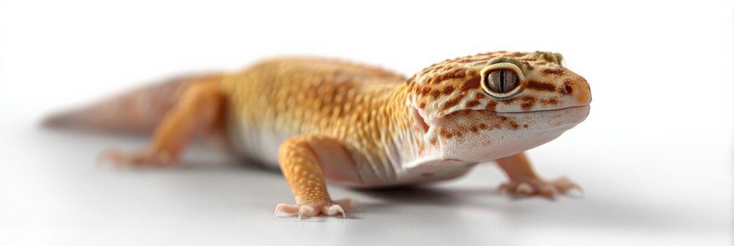 Close-up of leopard gecko with spotted skin and bright eyes on white background