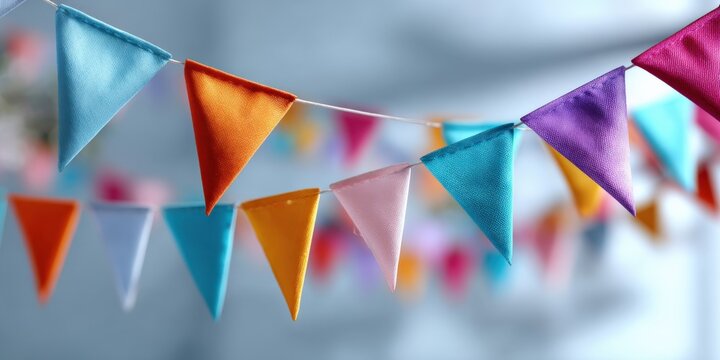 Colorful fabric pennant banners hanging outdoors for festive celebration