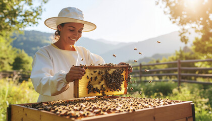 Female beekeeper smiling while inspecting honeycomb frame full of bees in sunny rural countryside setting