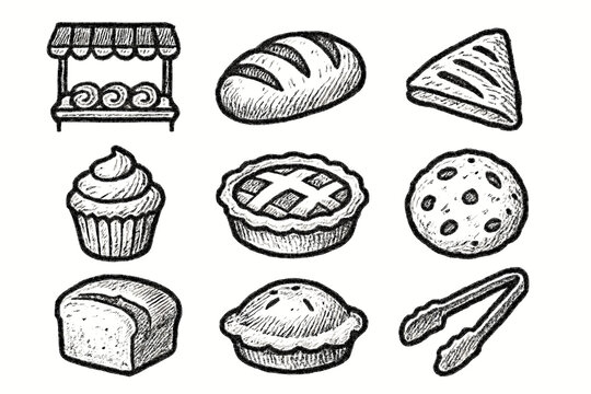 Bakery icon bread morning vector pastries set tongs pastry pie loaf cookie