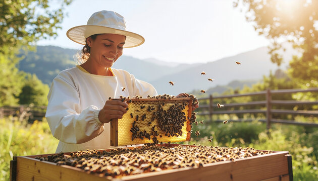 Female beekeeper smiling while inspecting honeycomb frame full of bees in sunny rural countryside setting