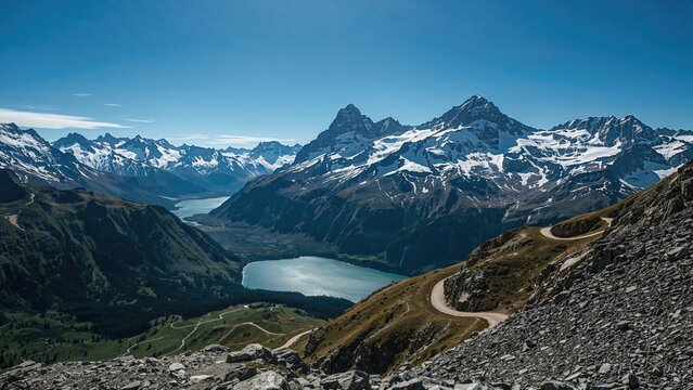 Mountain landscape with snow-capped peaks, a lake, and winding roads in a scenic alpine region.