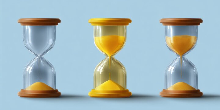 Three colorful hourglasses filled with yellow sand on a light blue background