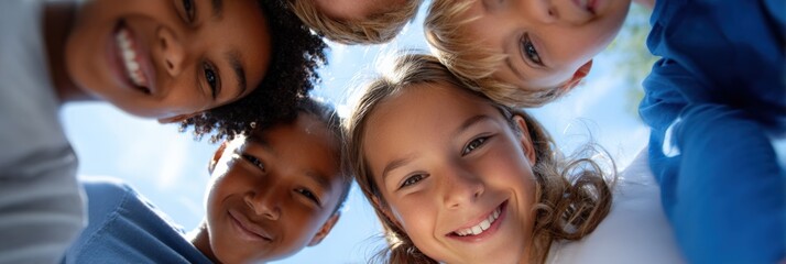 Obraz premium Diverse group of smiling children looking down at camera outdoors