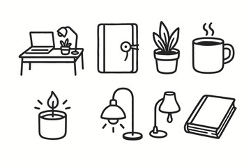 Icons cozy light plant workspace icon mug pot vector desk journal book