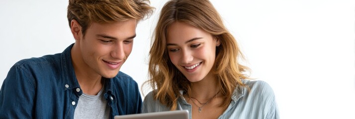 Young caucasian couple smiling while using tablet