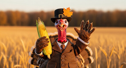 Image of a turkey wearing hat and suit, holding corn. Represents Thanksgiving, harvest, or autumn celebration, with a whimsical and festive concept.