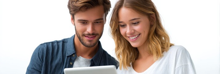 Young caucasian adults discussing technology on digital tablet