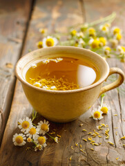 Close-up of a warm, golden cup of fresh chamomile herbal tea on a rustic wooden table, surrounded by loose chamomile flowers and petals, evoking a feeling of calm, natural health, and serene wellness