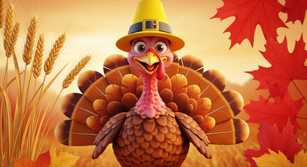 Illustration of turkey with yellow hat, showcasing Thanksgiving. Fall leaves and wheat stalks decorate the scene, representing autumn harvest and holiday spirit