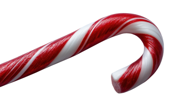Red and white candy cane isolated on transparent background, traditional Christmas sweet with glossy stripes and curved shape, realistic holiday object.