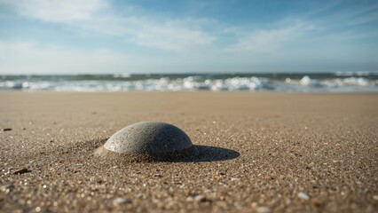 A smooth stone on the sandy beach with the ocean and sky in the background. Nature and relaxation scene. Coastal landscape, sea, and serene environment.