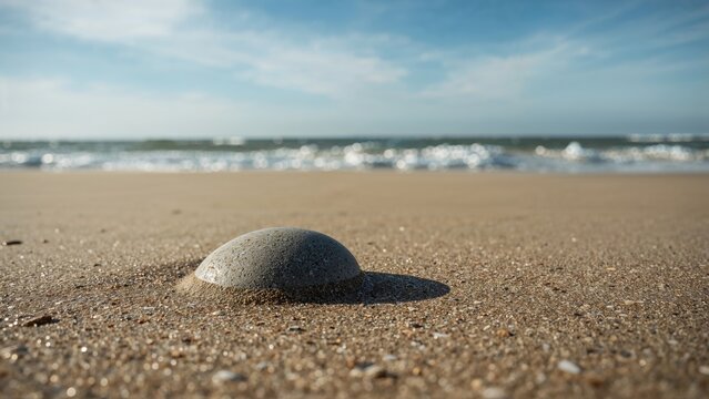 A smooth stone on the sandy beach with the ocean and sky in the background. Nature and relaxation scene. Coastal landscape, sea, and serene environment.