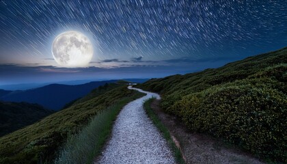 a winding path under a starlit night sky illuminated by a radiant moon