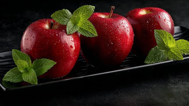 Three vibrant red apples glistening with fresh water droplets and mint garnish create a stunning, appetizing scene for healthy eating campaigns