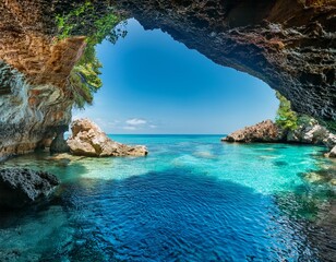 tranquil coastal cave with clear turquoise waters and rocky shores in tropical paradise