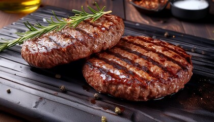 two cooked beef patties perfect for burgers grilled marks are visible