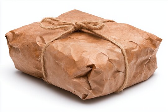 Brown paper package tied with string on white background.