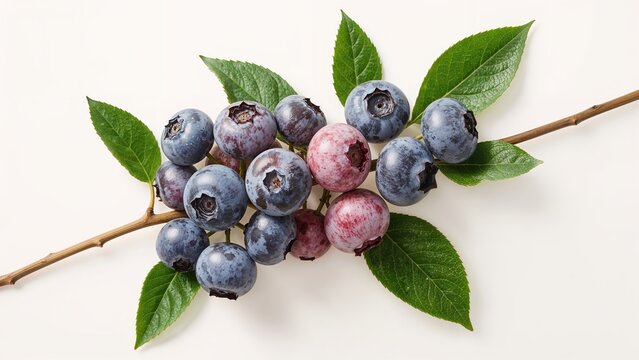Cluster of blueberries with green leaves on a branch. Fresh fruit, healthy eating, and nature concept.