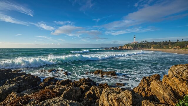 Coastal scene with rocks, ocean waves, and a lighthouse on the cliff under a partly cloudy sky. Nature and seascape photography. The coastal landscape and maritime environment. - Powered by Adobe