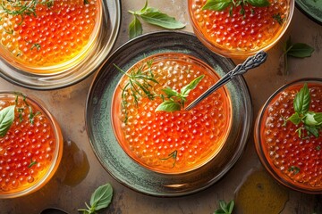 Bowls filled with red caviar garnished with fresh herbs.