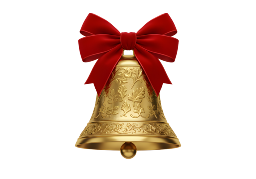 Festive golden christmas bell with red bow