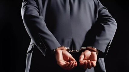 Close-up of handcuffed businessman in suit, white-collar crime and corruption, legal justice arrest concept.