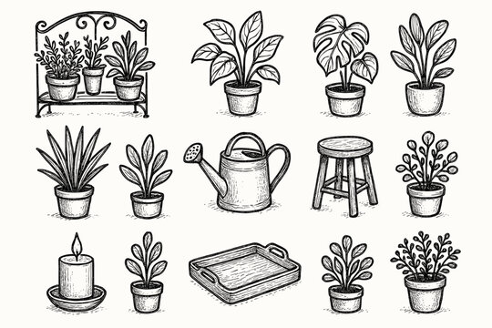 Potted layout leafy can candle veranda icons plants tray stool icon garden - Powered by Adobe
