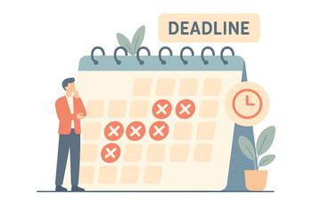 Businessman contemplates deadline on calendar with marked dates