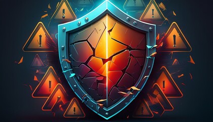 cracked shield surrounded by warning signs system failure alert