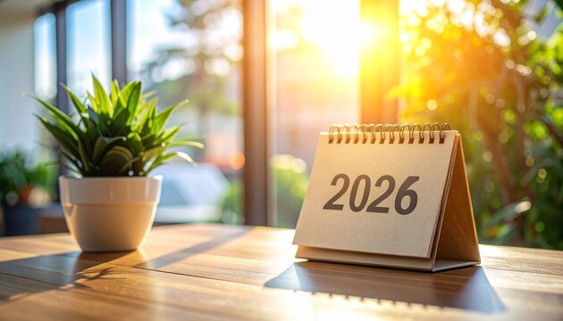 Close-up of 2026 desk calendar on wooden table with soft light and clean workspace. Perfect concept for planning, schedule, or time management design.